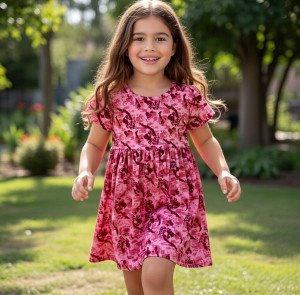 Impress Frocks - Girls' Pink Printed Summer Dress - Soft Knit A-Line Casual Dress